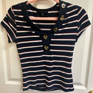 Derek Heart Navy and White Striped Button Top